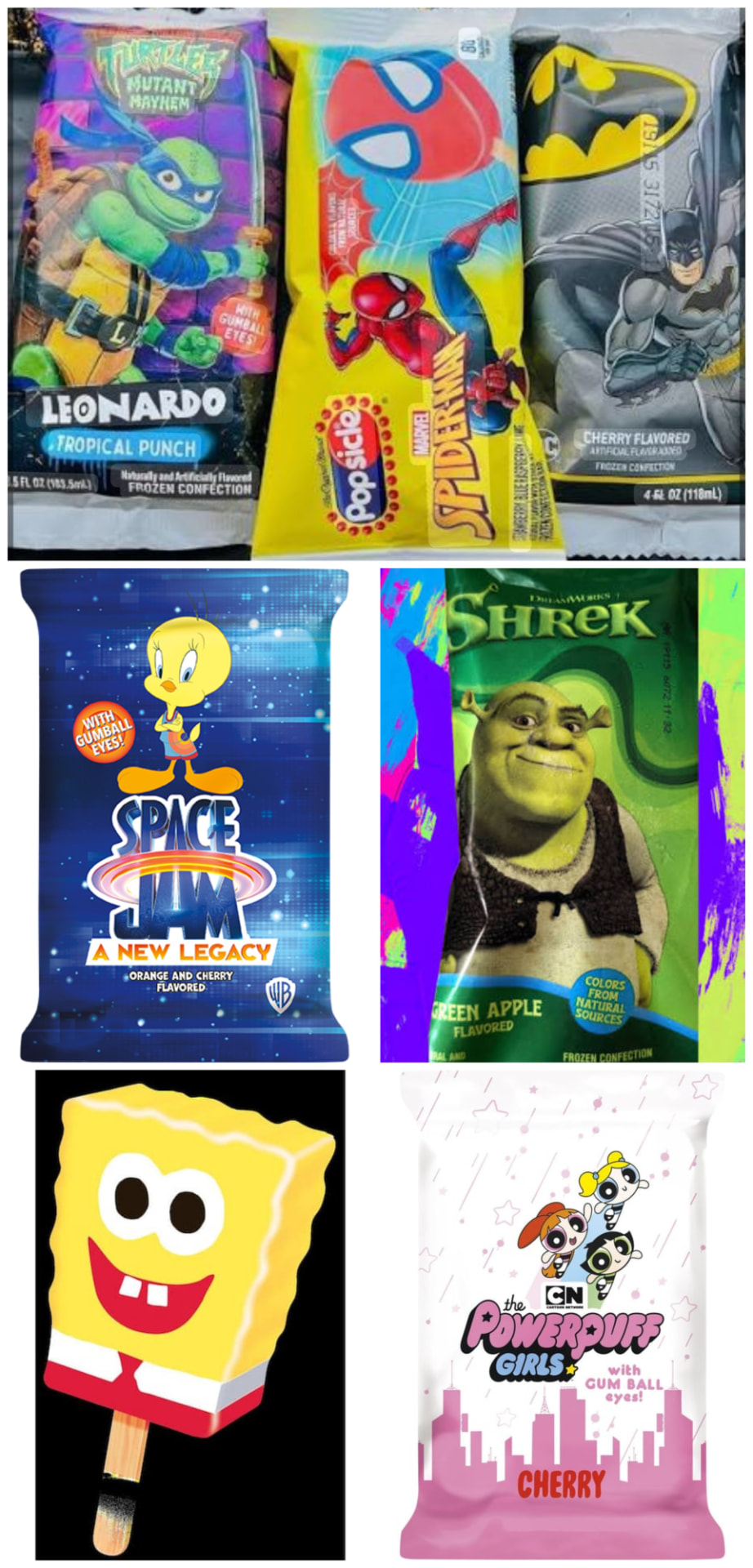 Character face pops: Batman, Spider-Man, Ninja Turtle, Tweety Bird, SpongeBob and Shrek