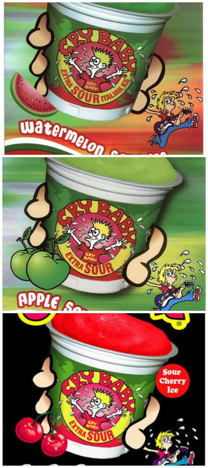 Cry Baby extra sour Italian ice cups in watermelon, apple and cherry
