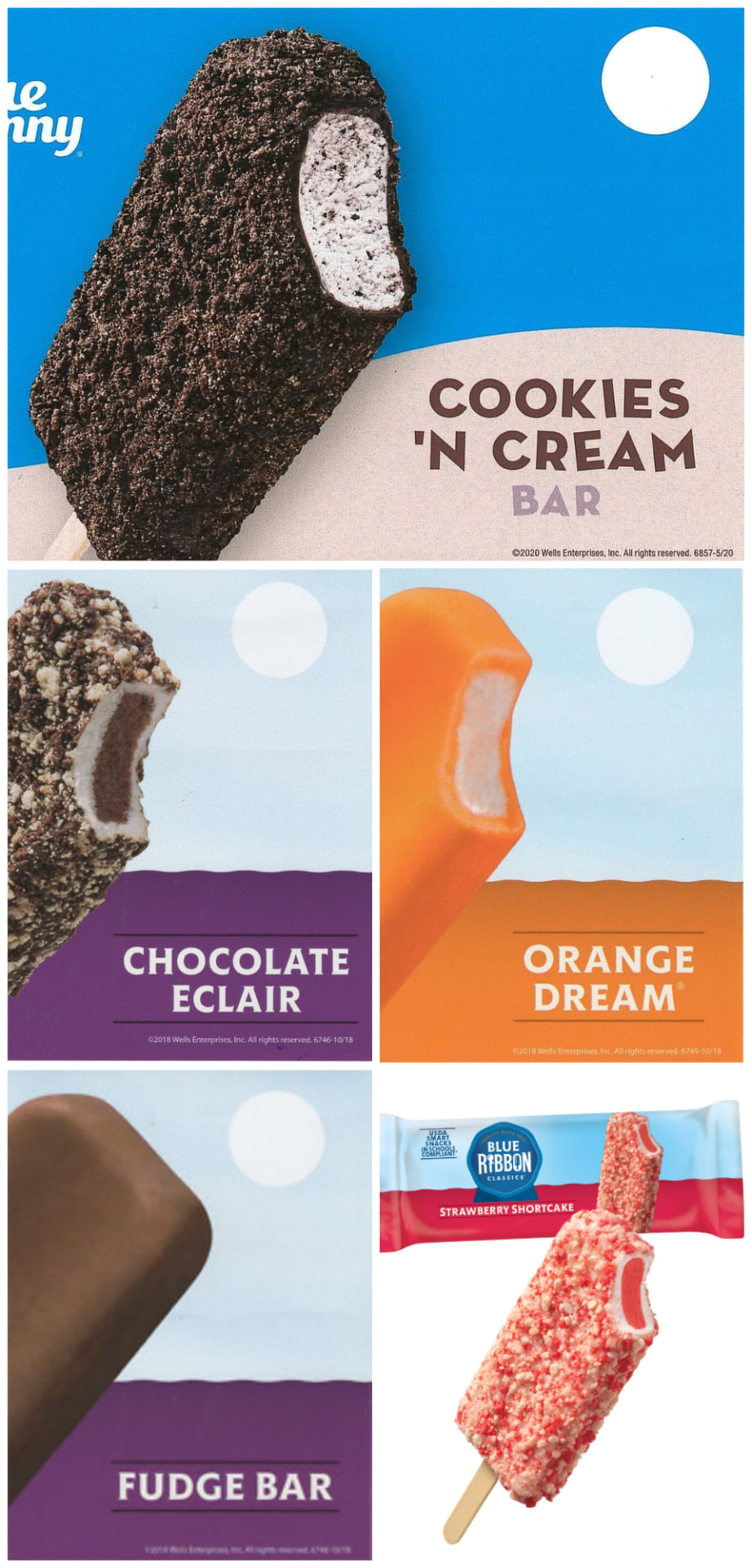 Cookies and cream bar, chocolate eclair, orange dream, fudge bar and strawberry shortcake bar