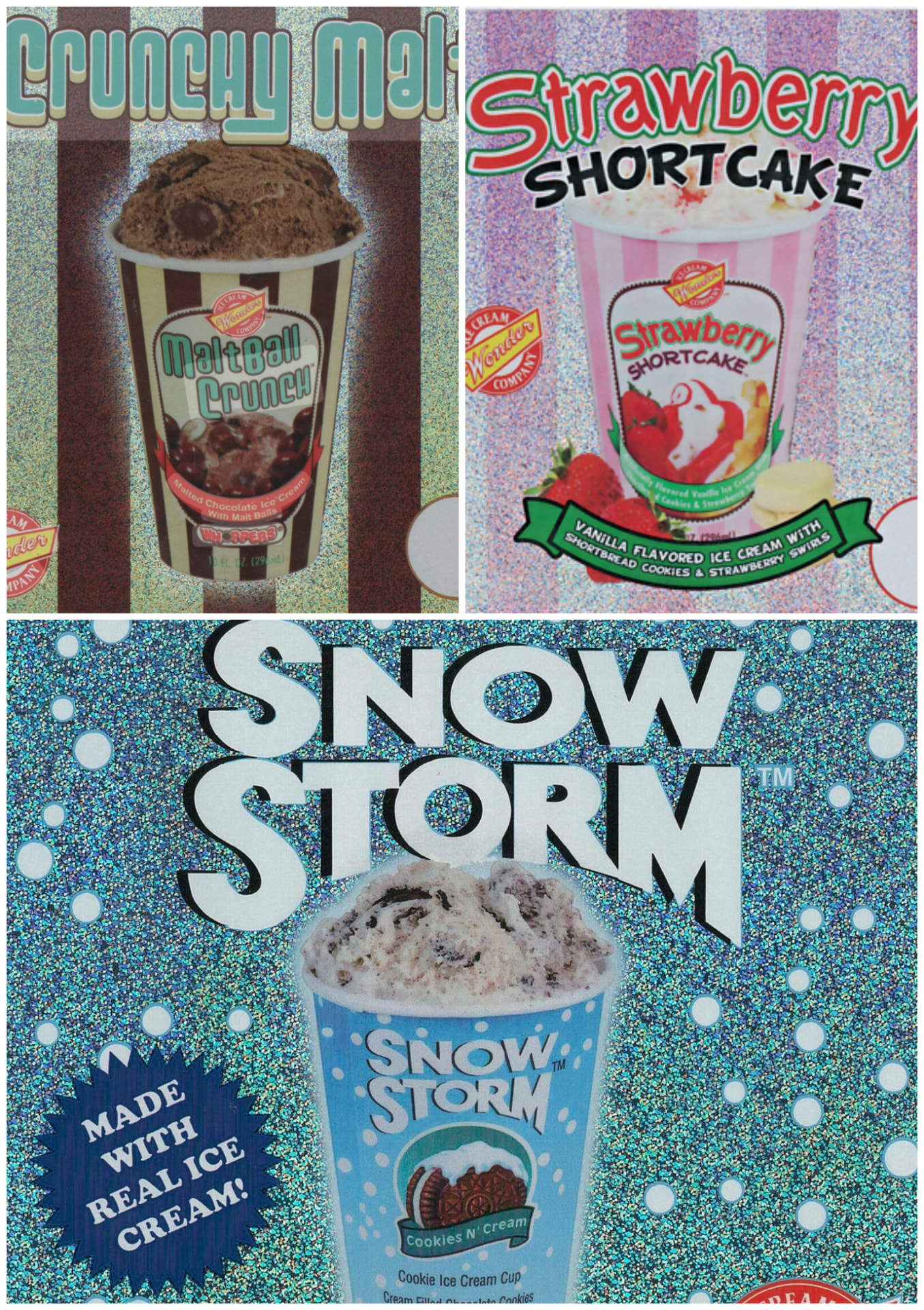 Malt Ball Crunch, Strawberry Shortcake and Snow Storm cookies and cream ice cream cups